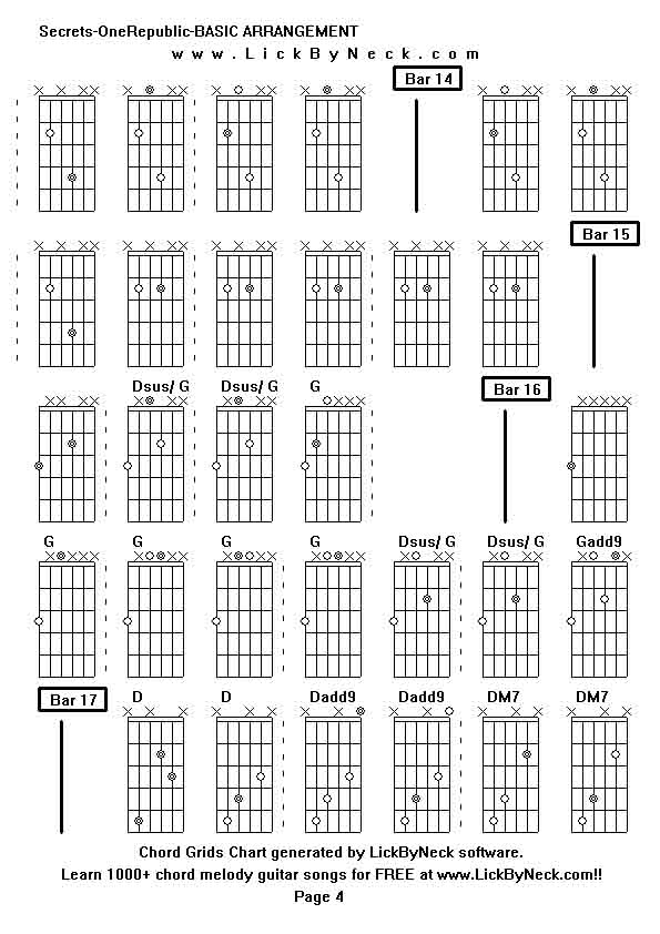 Chord Grids Chart of chord melody fingerstyle guitar song-Secrets-OneRepublic-BASIC ARRANGEMENT,generated by LickByNeck software.